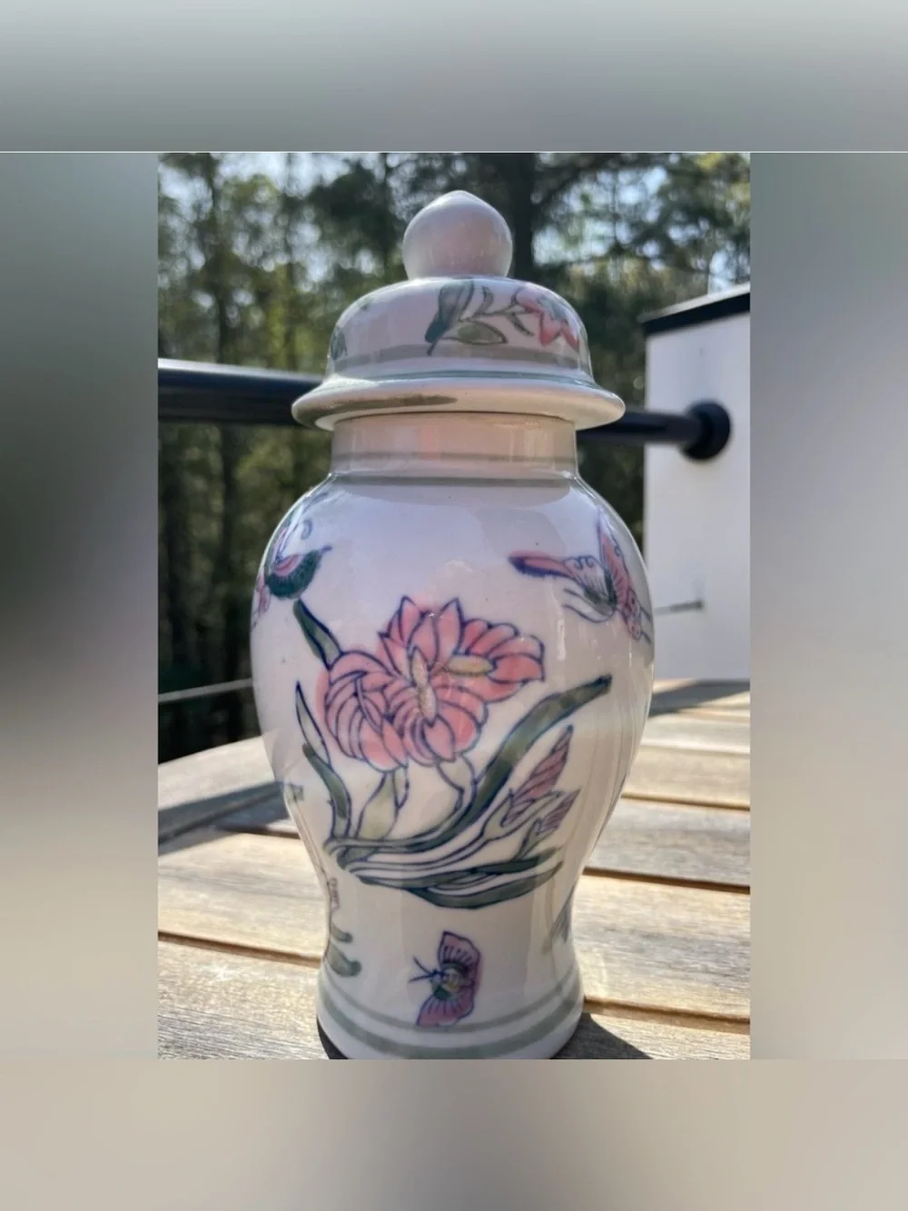 Vintage Floral Butterfly Temple Jar with Lid 7.5
